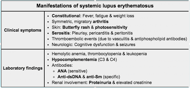 Table summarizing clinical and immunological manifestations of SLE