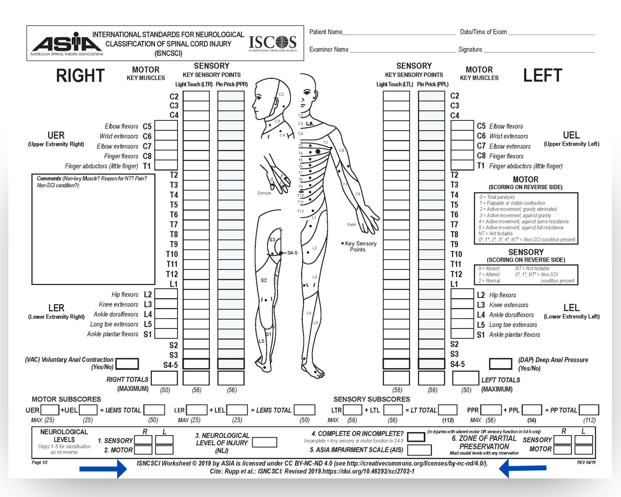ASIA Impairment Scale (AIS) Worksheet