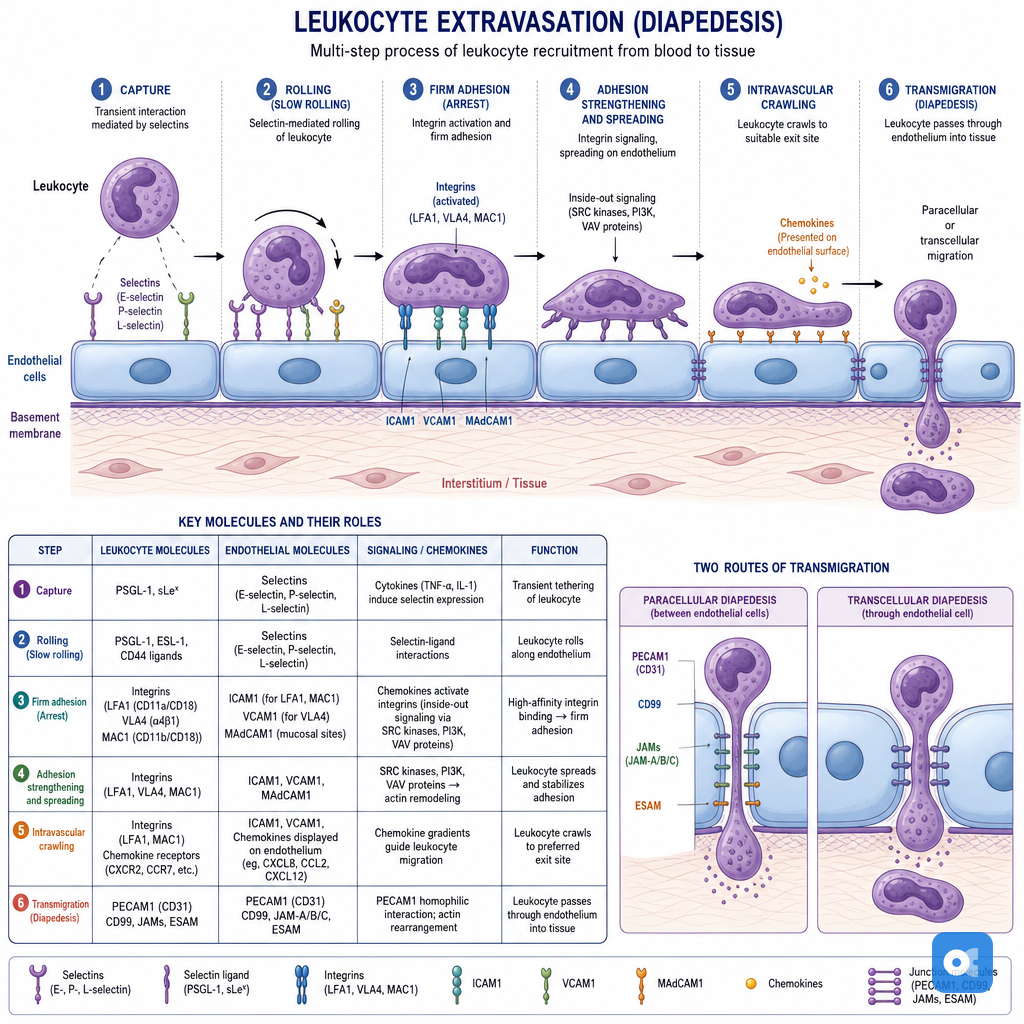Leukocyte extravasation cascade