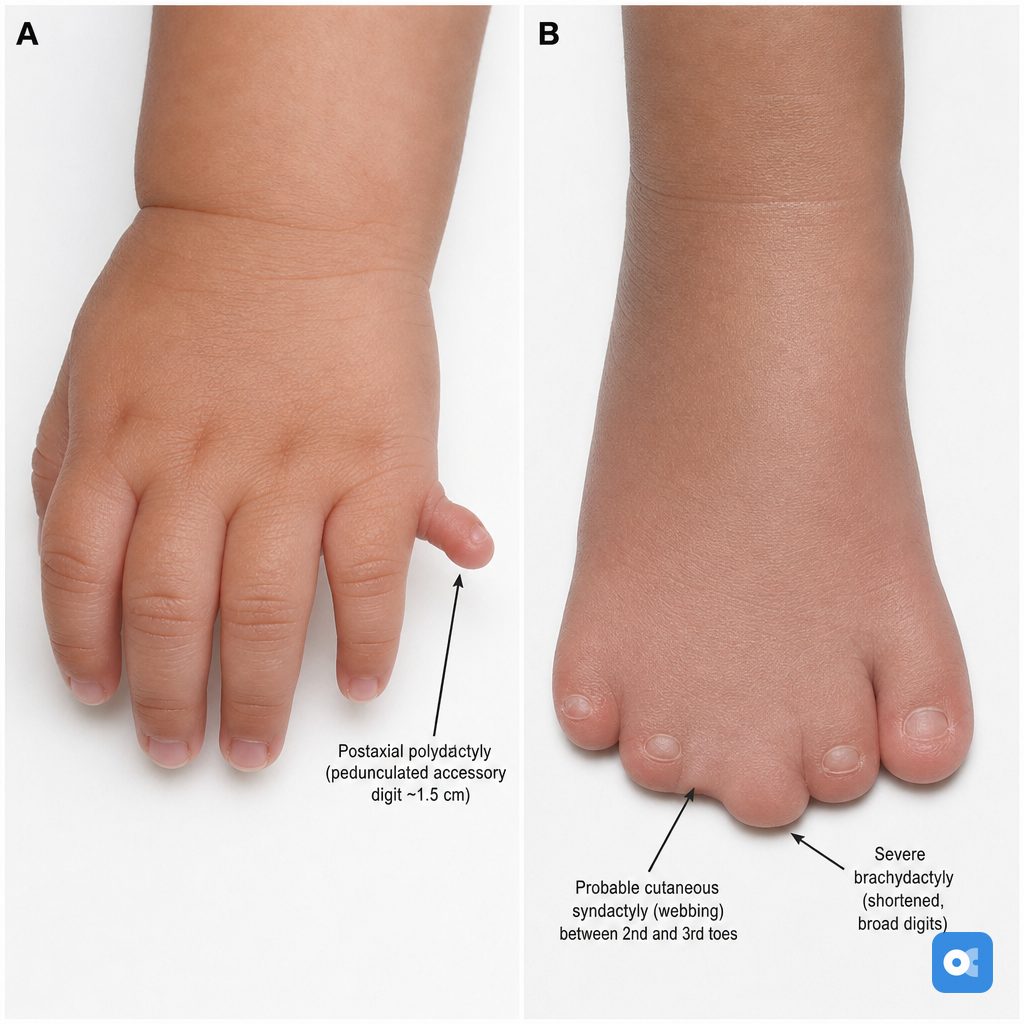 Postaxial polydactyly Type B in newborn hand and foot
