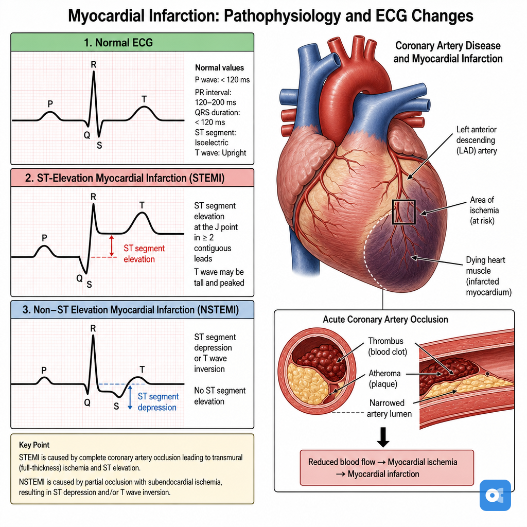 ECG and heart changes in STEMI vs NSTEMI heart attack