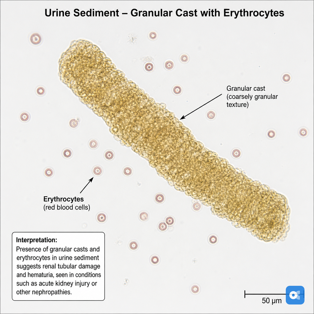 Urinary sediment microscopy showing RBC casts in nephritic syndrome
