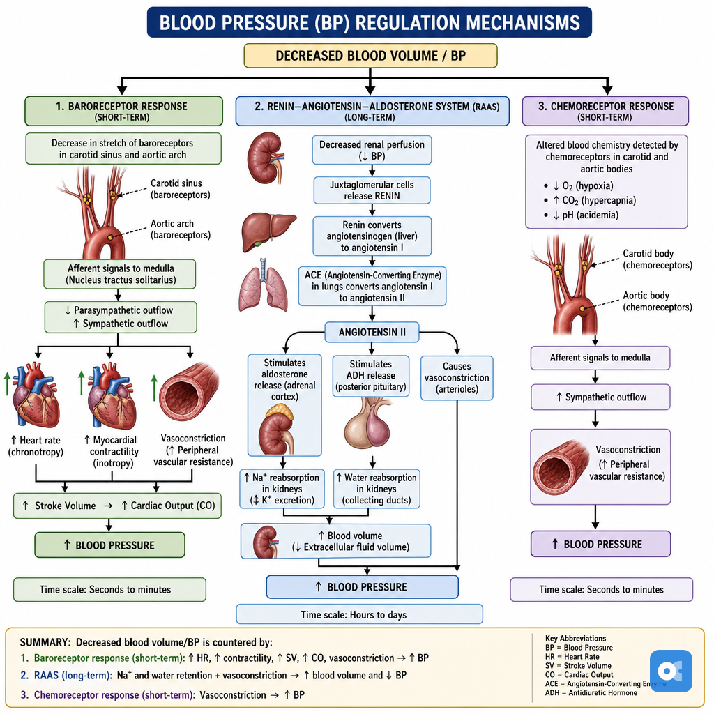 Hemodynamic response timeline showing acute vs chronic RAAS effects