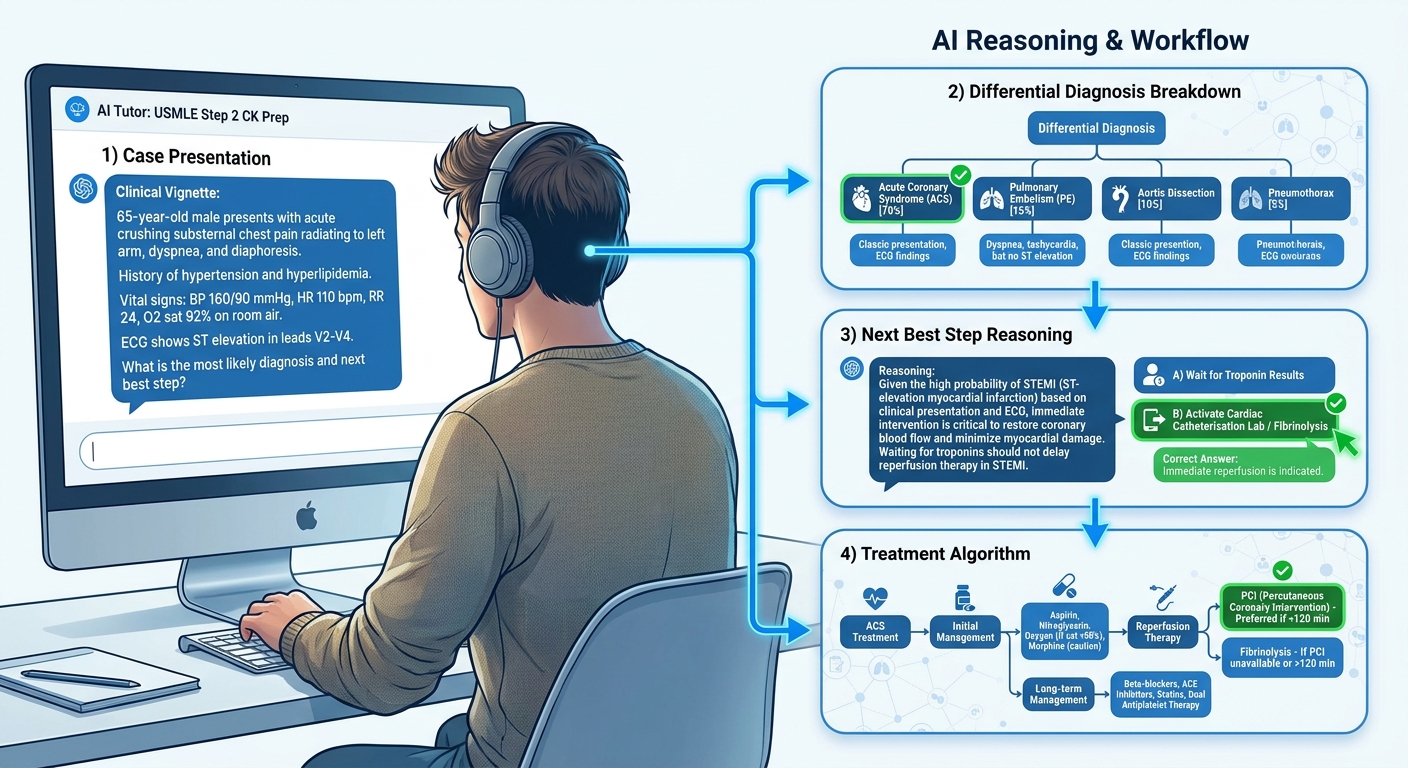 AI explanation workflow showing clinical case breakdown and reasoning steps