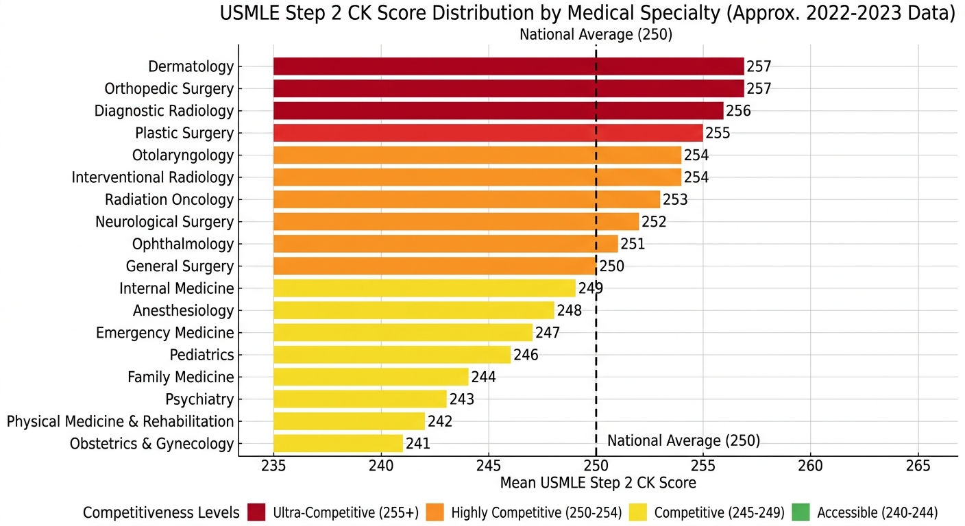 Step 2 CK score distribution chart showing specialty averages and competitive ranges