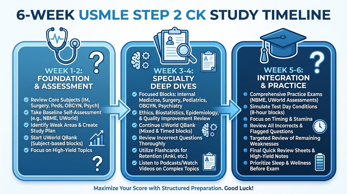 Step 2 CK study timeline infographic showing 6-week preparation schedule