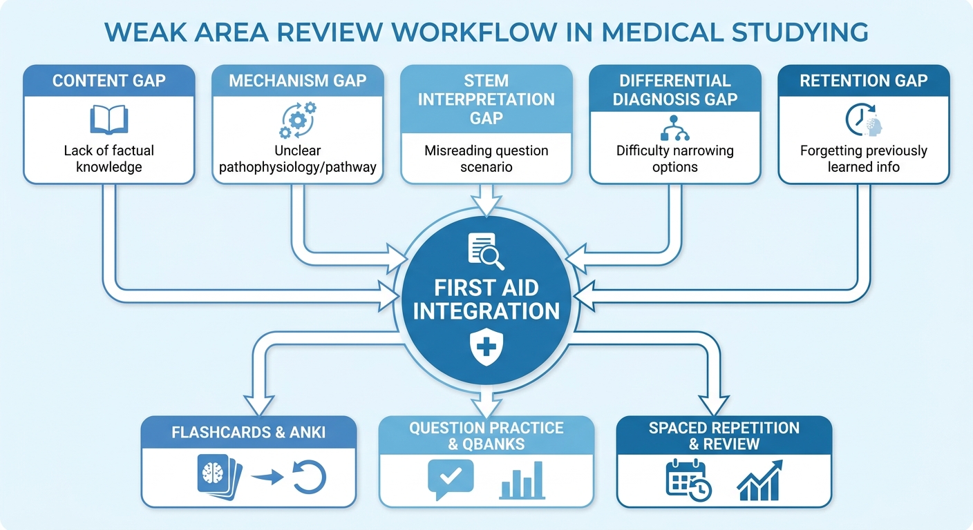 Weak area review workflow showing content gaps, mechanism gaps, stem interpretation gaps, differential diagnosis gaps, and retention gaps with First Aid integration