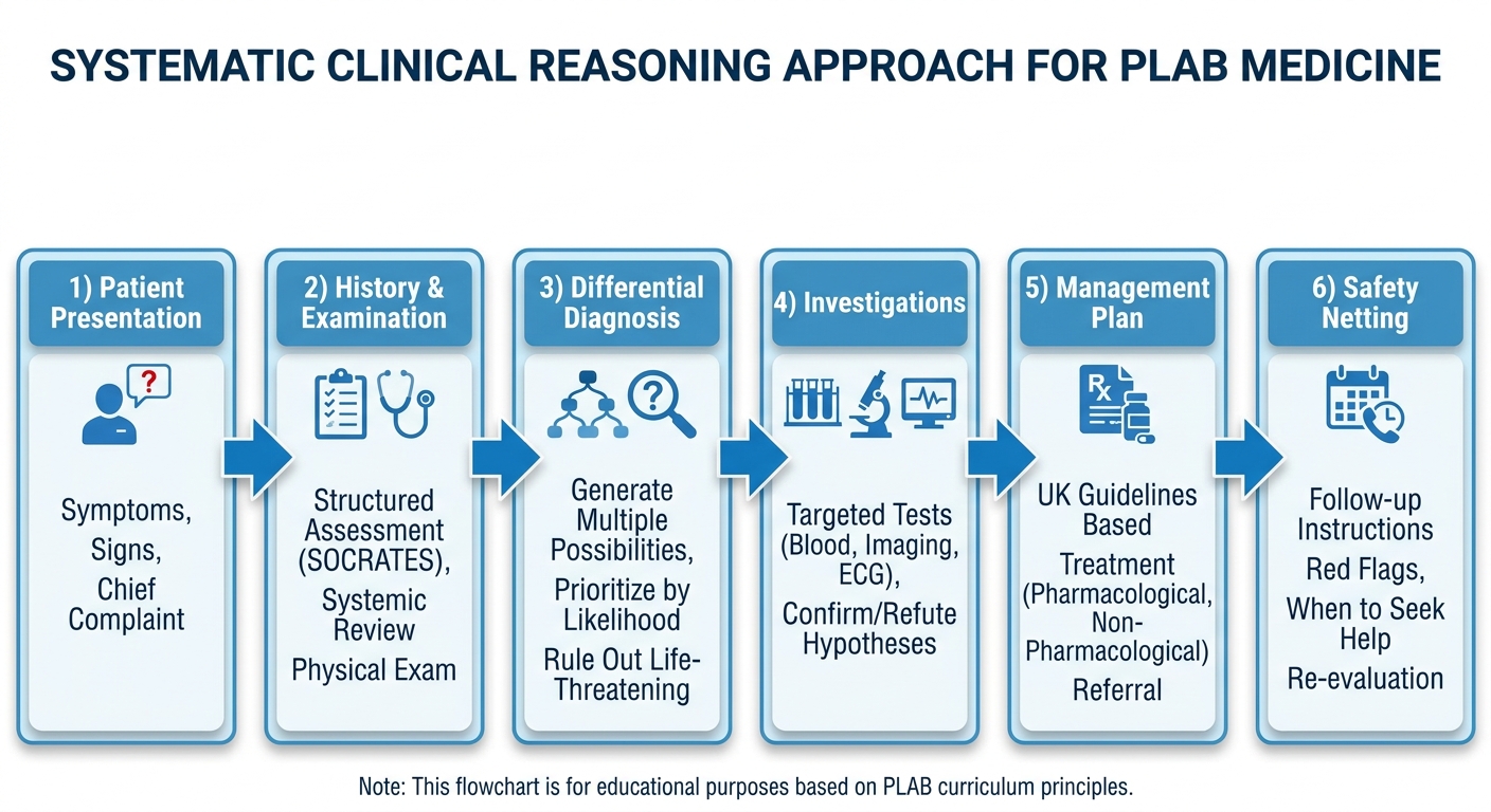 PLAB clinical reasoning workflow diagram showing systematic patient assessment approach