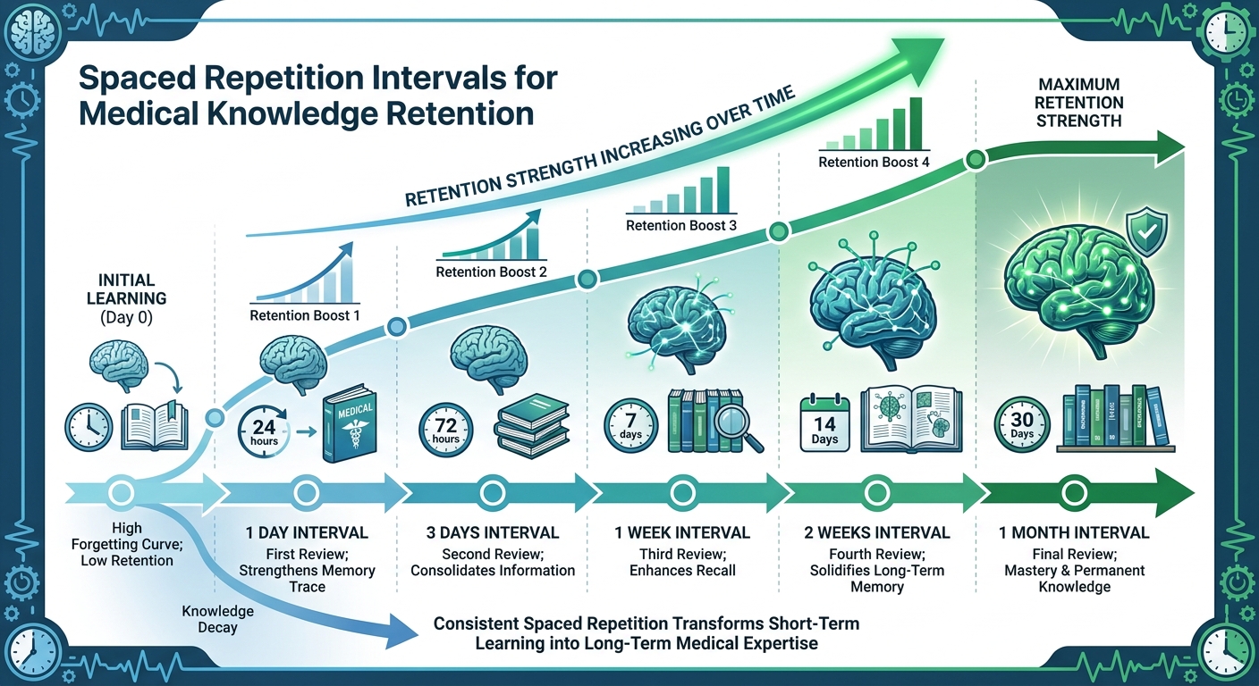 Spaced repetition intervals showing optimal review timing for medical knowledge retention