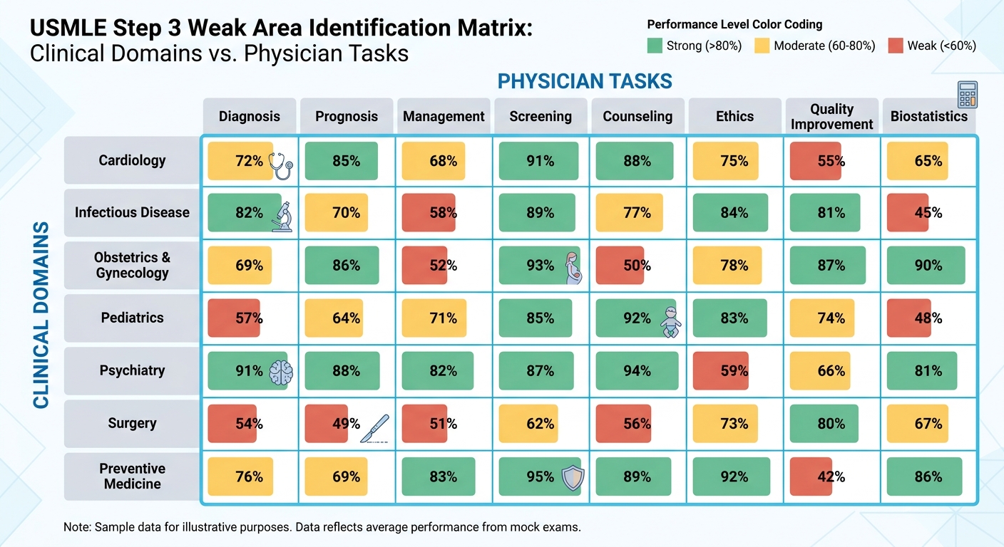 USMLE Step 3 weak areas identification matrix showing clinical domains versus task types