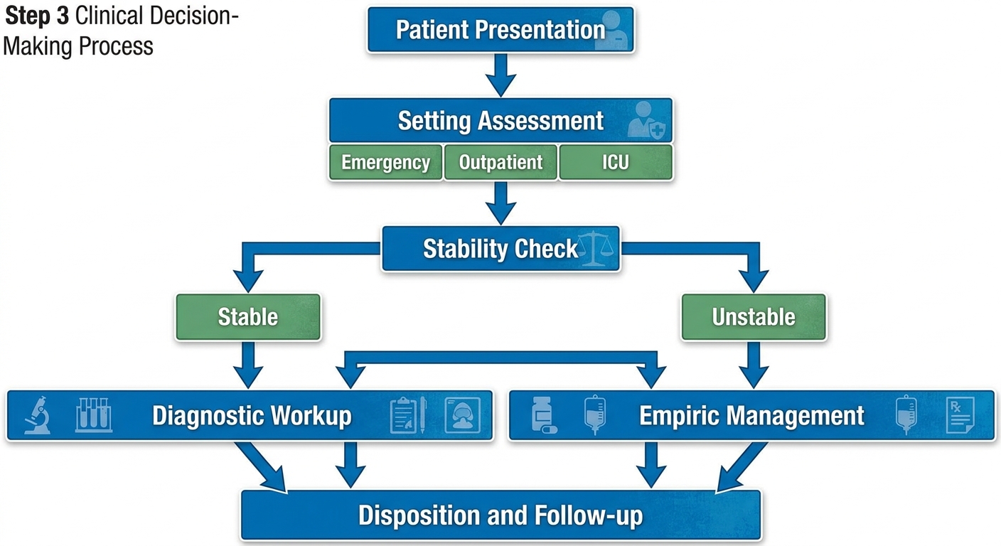 Step 3 Clinical Decision Framework - Diagnostic flowchart showing the progression from patient presentation to management decision